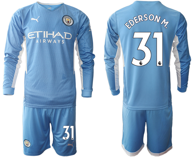 Men 2021-2022 Club Manchester city home Light blue Long Sleeve #31 Soccer Jersey->manchester city jersey->Soccer Club Jersey